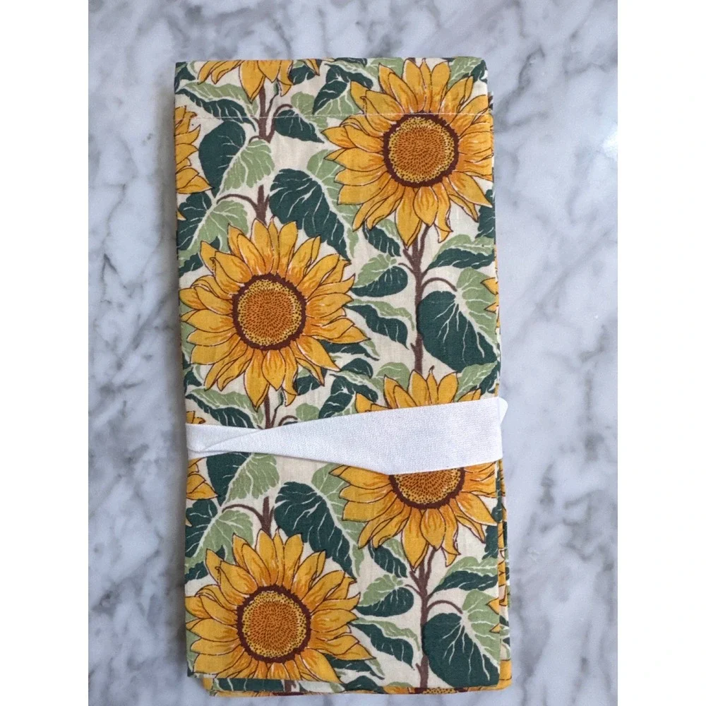 Pottery Barn Sunflower Block Print Napkins Set of 4 Yellow Floral 20x20 NEW